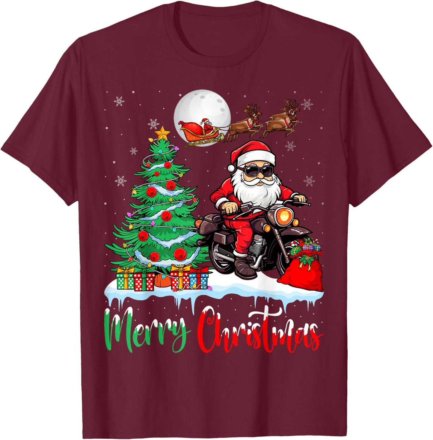 Motorcycle Santa Christmas Tree Xmas Merry Christmas Santa T-Shirt - T-Shirt | Maroon