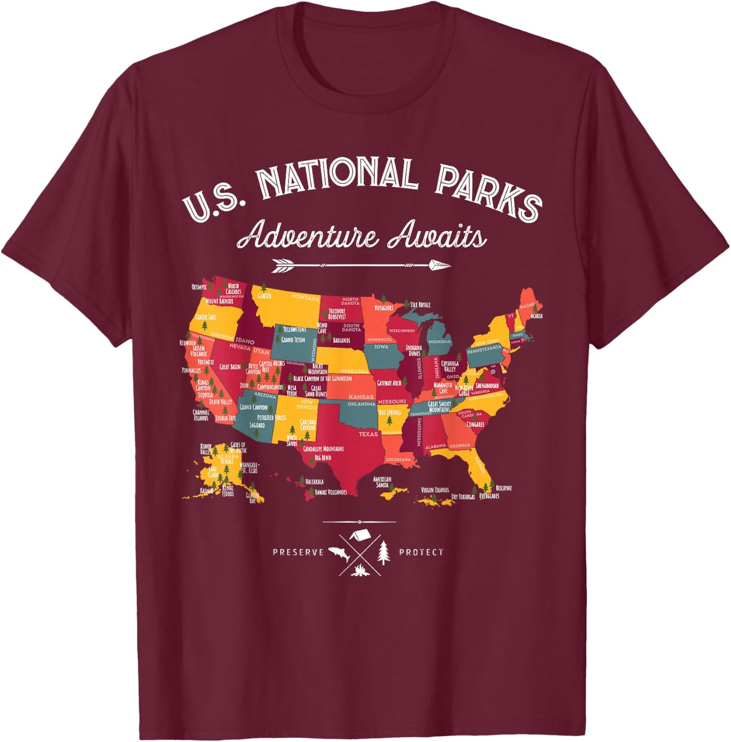 63 National Parks Map US Park Retro Vintage Camping Hiking T-Shirt - T-Shirt | Maroon