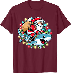 Santa Claus Riding Shark Christmas Boys Merry Sharkmas Xmas T-Shirt - T-Shirt | Maroon