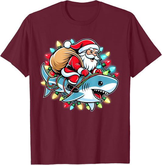 Santa Claus Riding Shark Christmas Boys Merry Sharkmas Xmas T-Shirt - T-Shirt | Maroon