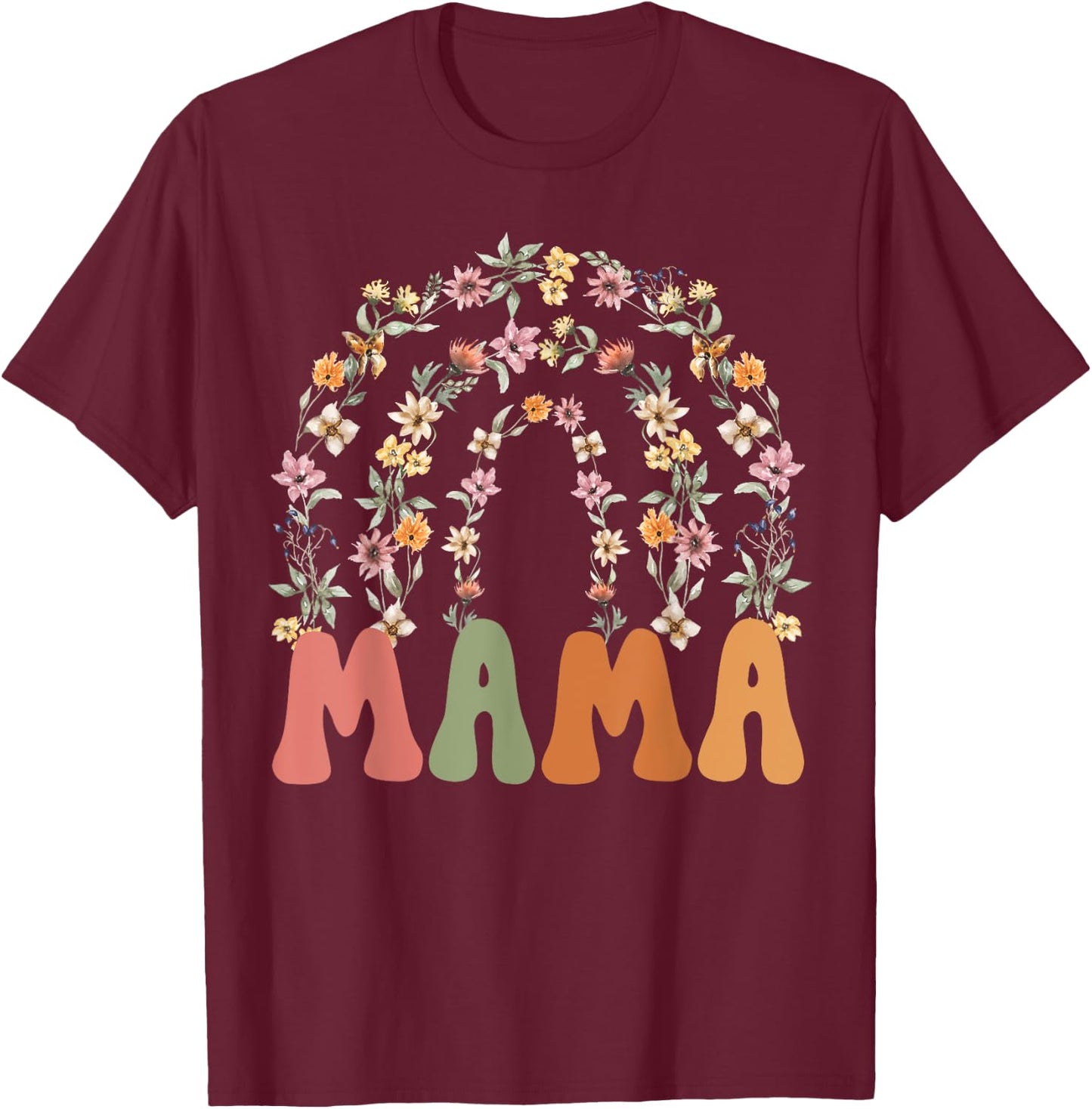 Retro Wildflower Mother's Day Floral Rainbow Mama T-Shirt - T-Shirt | Maroon