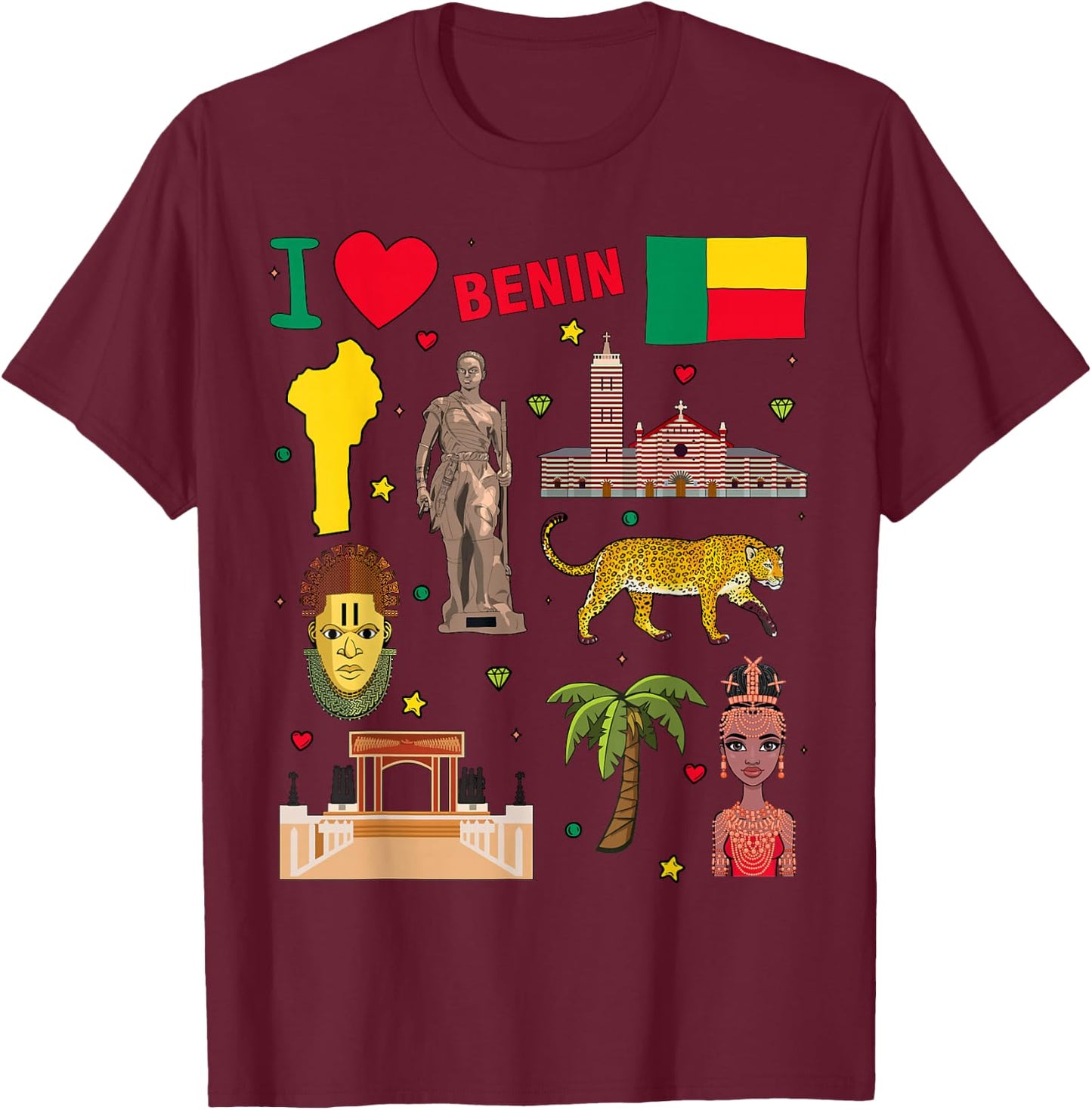 I love Benin. Hand drawn Beninese Landmarks, flag and map T-Shirt - T-Shirt | Maroon
