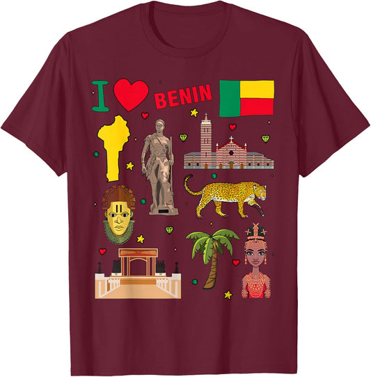 I love Benin. Hand drawn Beninese Landmarks, flag and map T-Shirt - T-Shirt | Maroon