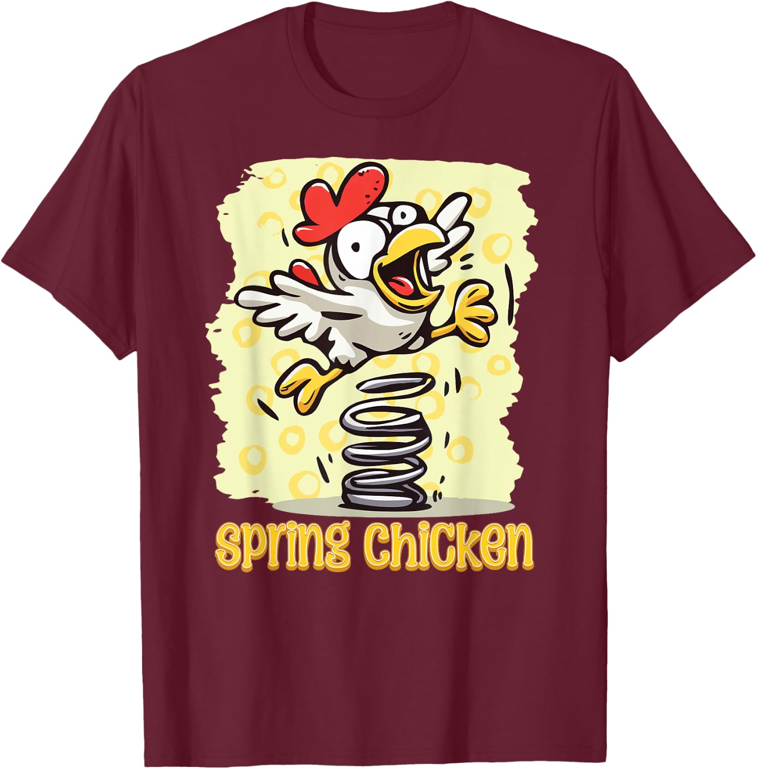 Spring Chicken Bouncy Flying Funny Gag Cartoon T-Shirt - T-Shirt | Maroon