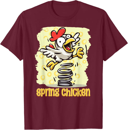 Spring Chicken Bouncy Flying Funny Gag Cartoon T-Shirt - T-Shirt | Maroon