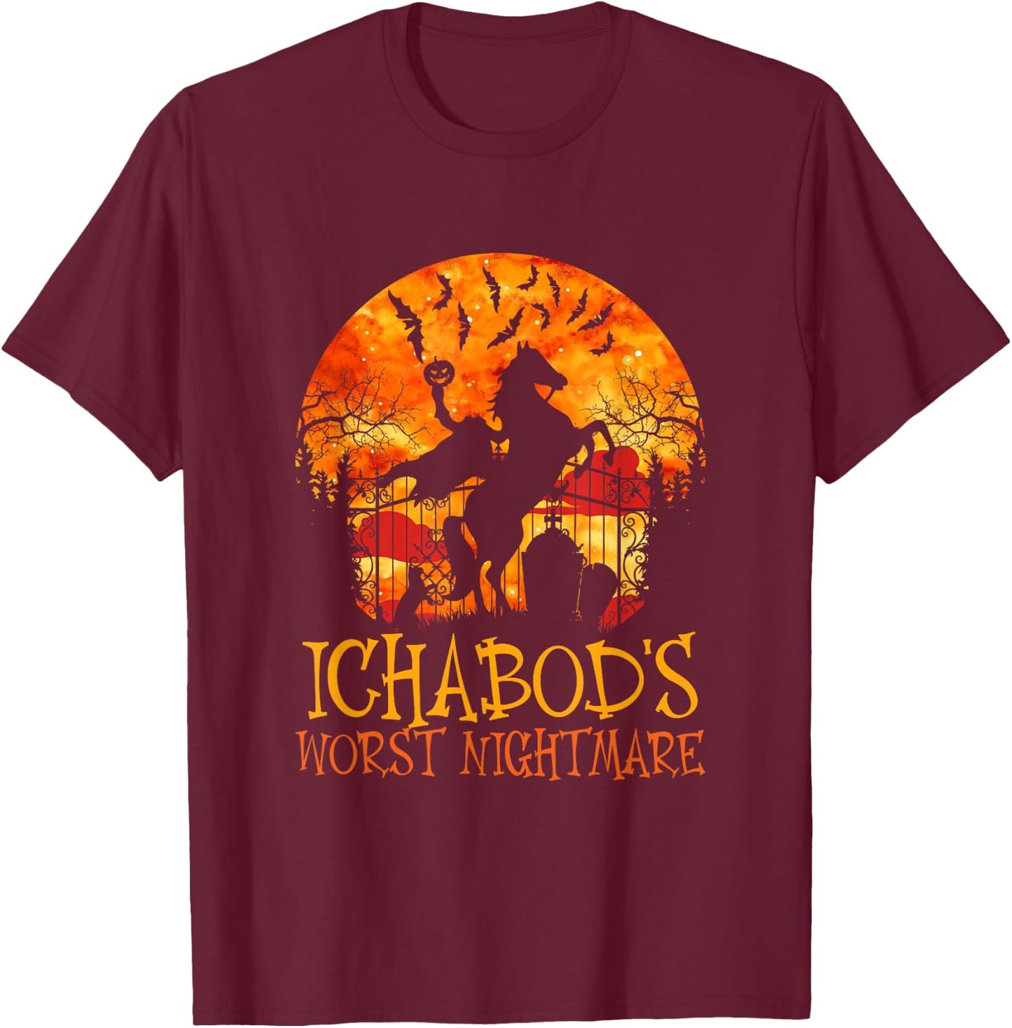 Ichabod's Worst Nightmare, Headless Horseman Halloween T-Shirt - T-Shirt | Maroon
