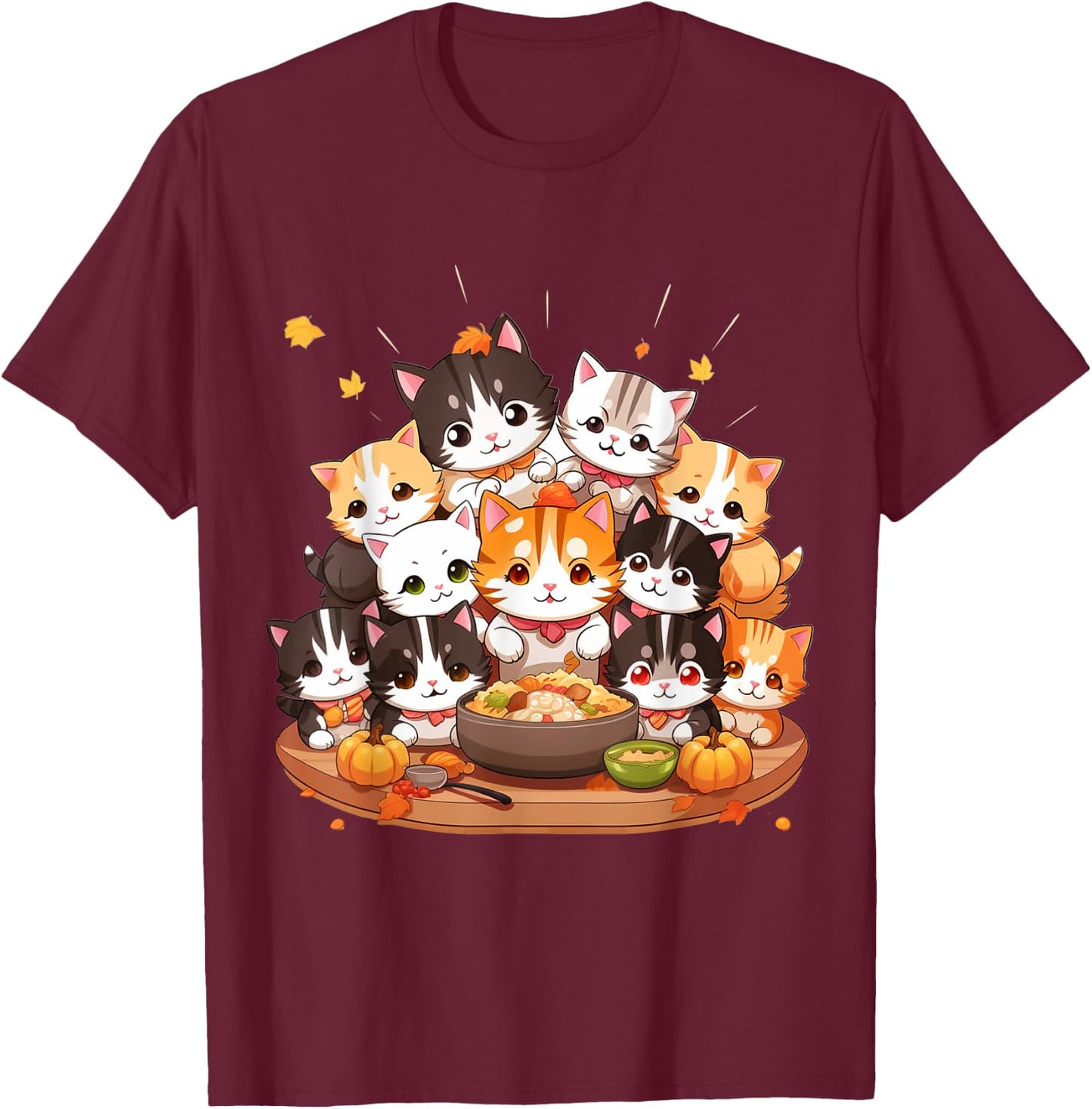 Cute funny cats celebrating thanksgiving autumn dinner T-Shirt - T-Shirt | Maroon