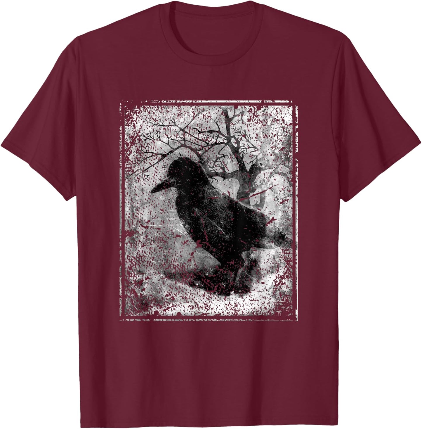Black Crow on Tree- Vintage Dark Art Occult Aesthetics T-Shirt - T-Shirt | Maroon