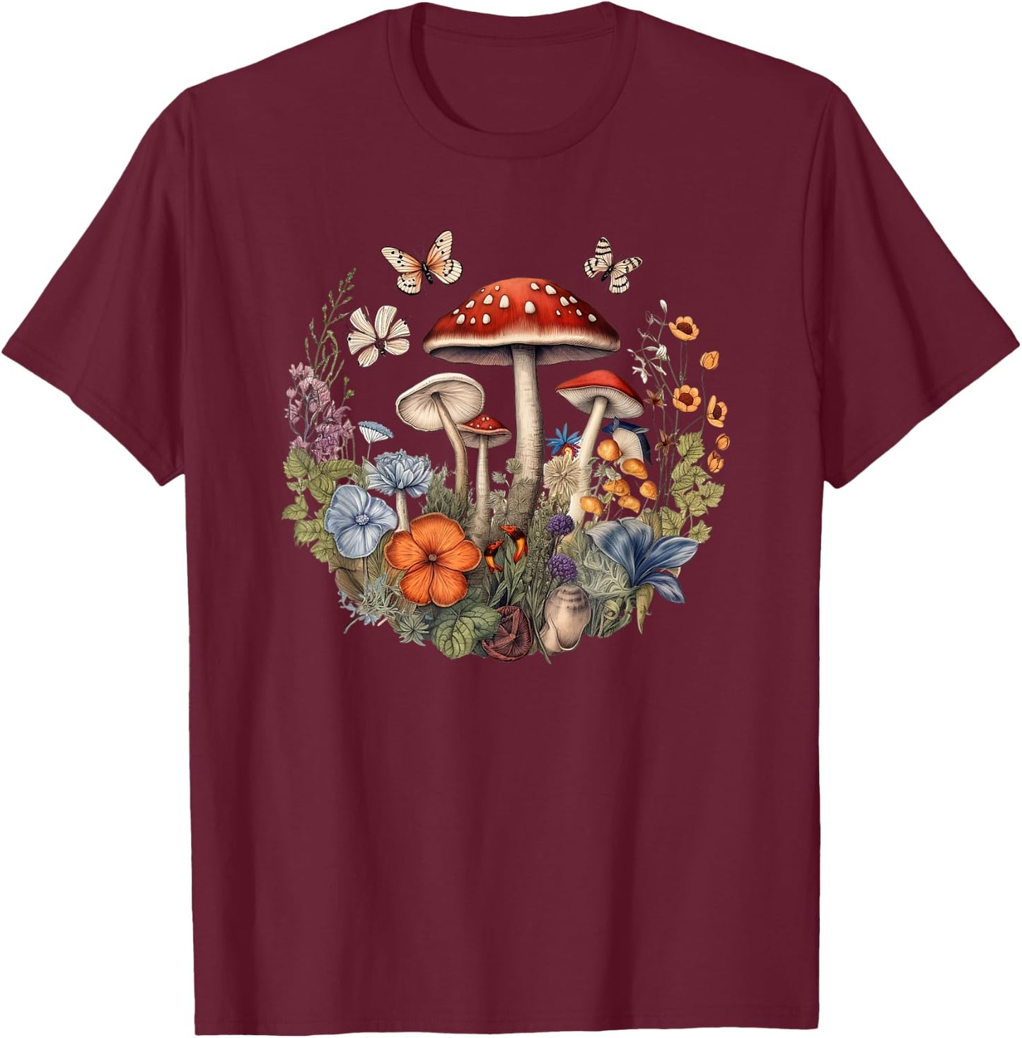 Flower Botanical Butterflies Mushroom Vintage Design T-Shirt - T-Shirt | Maroon