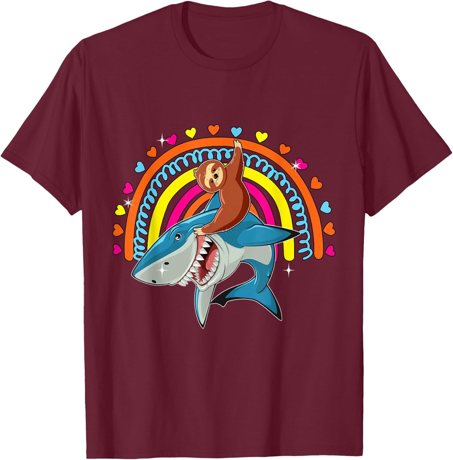 Sloth Riding Shark Funny Zoo Animal Rainbow Hearts Lover T-Shirt - T-Shirt | Maroon