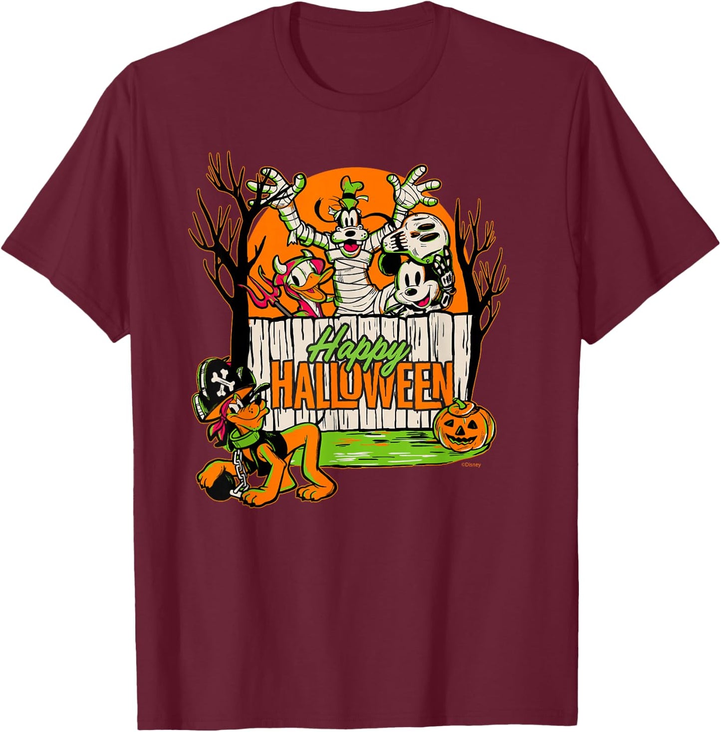 Disney 100 Mickey Donald Goofy & Pluto Happy Halloween D100 T-Shirt - T-Shirt | Maroon