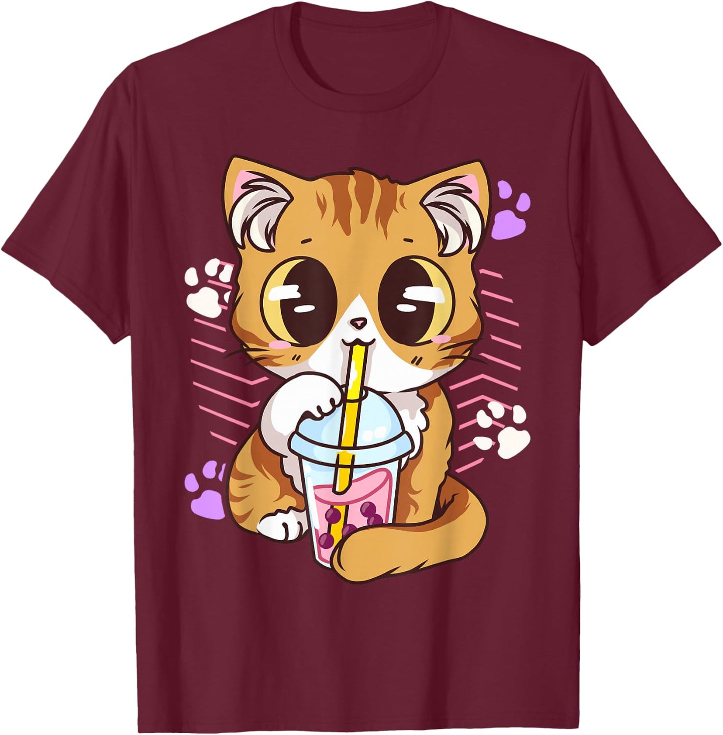 Cute Kawaii Cat Boba Bubble Milk Tea Anime Neko Kitten T-Shirt - T-Shirt | Maroon