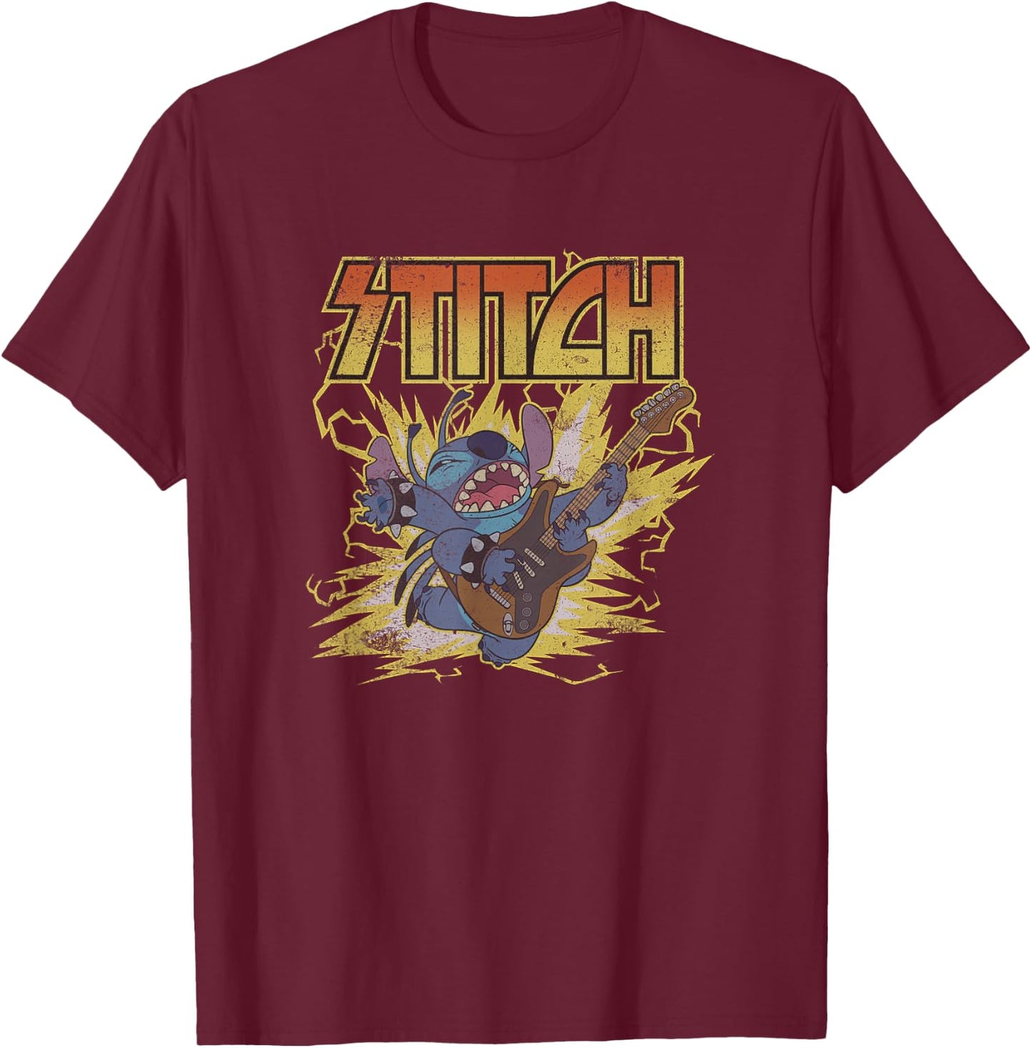 Disney Lilo & Stitch Hard Rocking Guitar Player Distressed T-Shirt - T-Shirt | Maroon