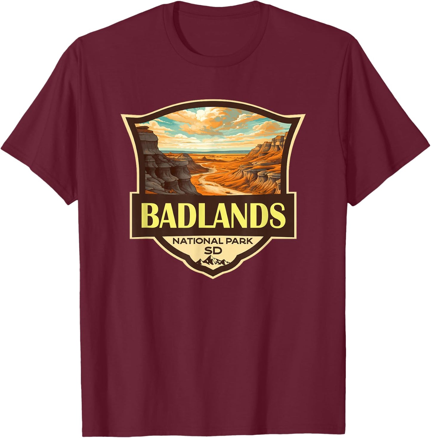 Badlands National Park Illustration Travel Retro Badge T-Shirt - T-Shirt | Maroon