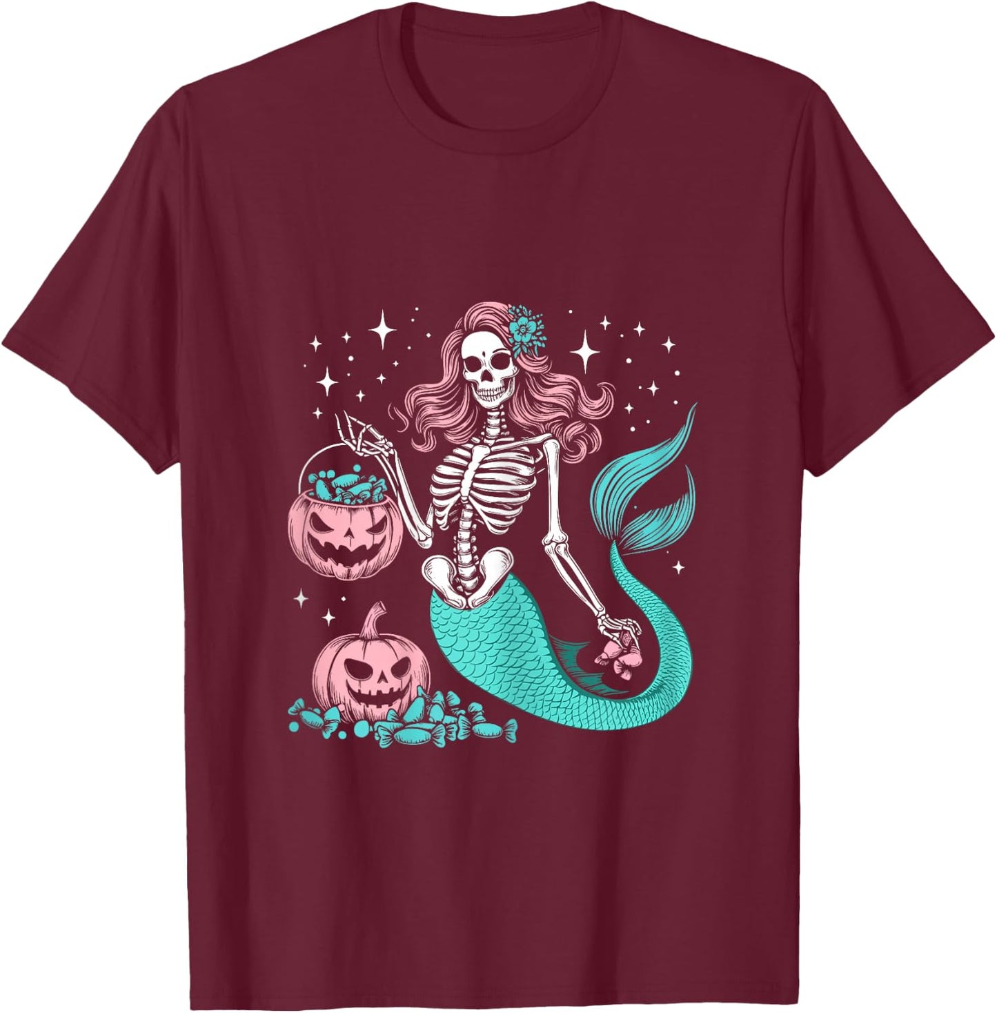 Halloween Mermaid Funny Skeleton T-Shirt - T-Shirt | Maroon