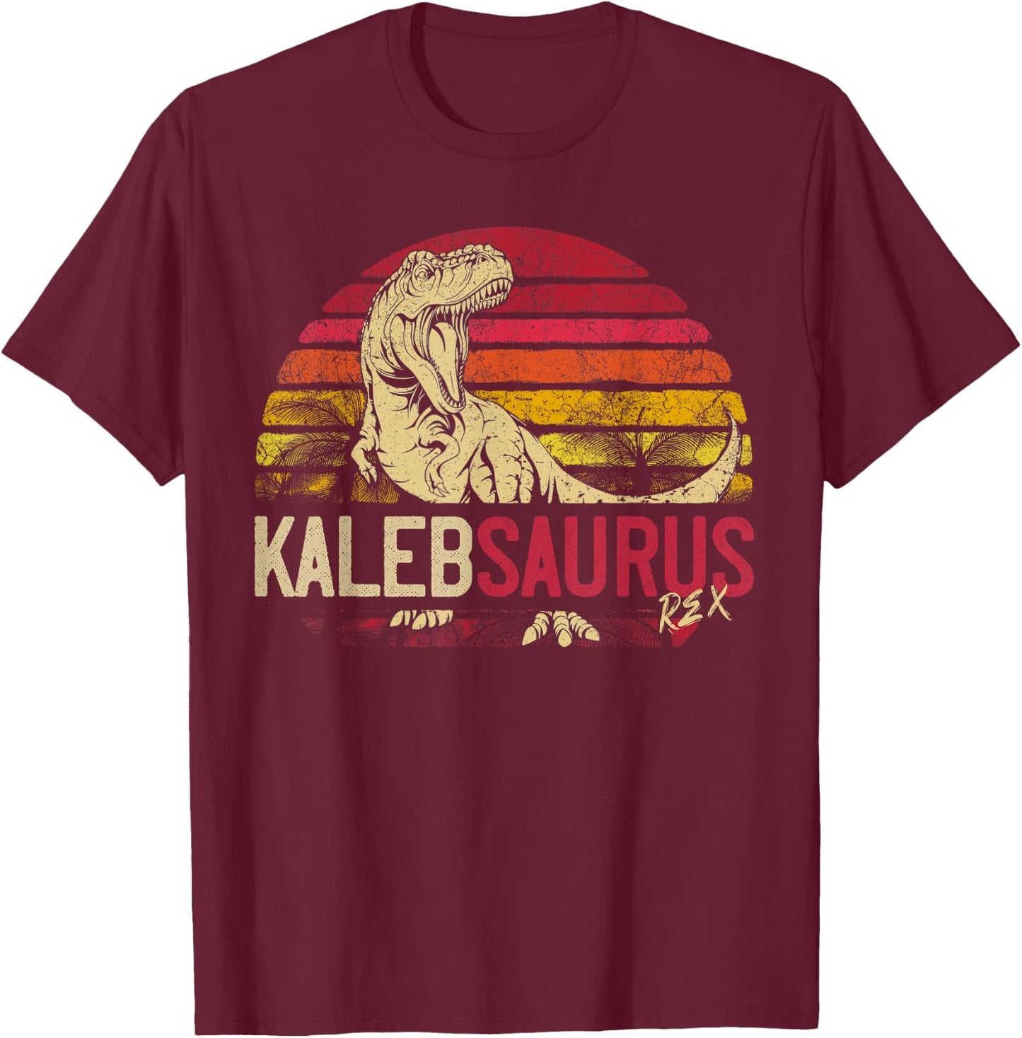 Kaleb Saurus Funny Personalized Dinosaur T Rex Name Boy Gift T-Shirt - T-Shirt | Maroon