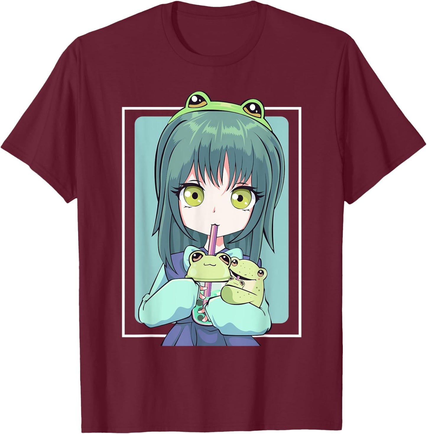 Anime Girl for Frog Lovers and Kawaii Boba Tea Frog Teens T-Shirt - T-Shirt | Maroon
