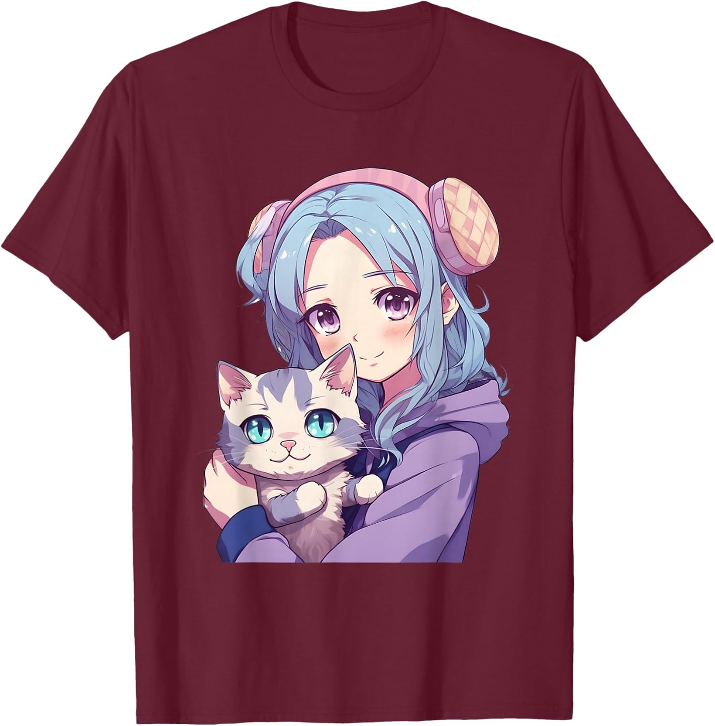 Japanese Kawaii Girl Anime & Cats for Teens Girls T-Shirt - T-Shirt | Maroon