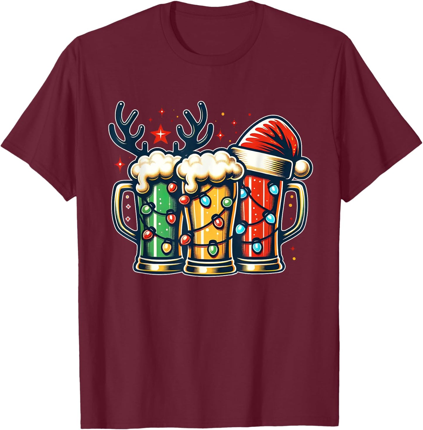 Funny Santa Reindeer Beer Christmas Lights Merry Xmas Beer T-Shirt - T-Shirt | Maroon