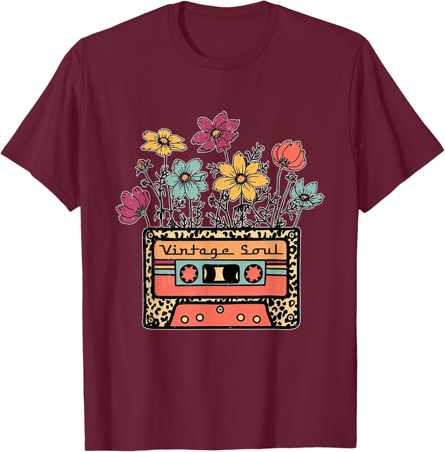 Funny Vintage Soul Leopard Cassette Tape Flowers Wildflower T-Shirt - T-Shirt | Maroon