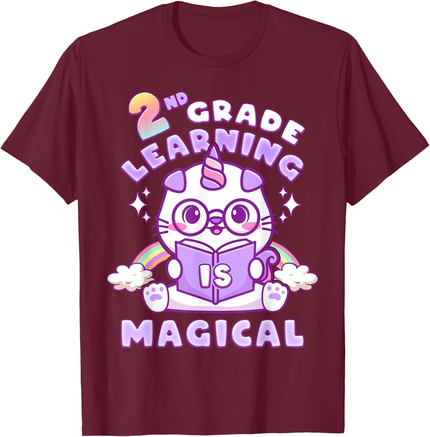 Back To School First Day of 2nd Grade Girl Unicorn Cat T-Shirt - T-Shirt | Maroon