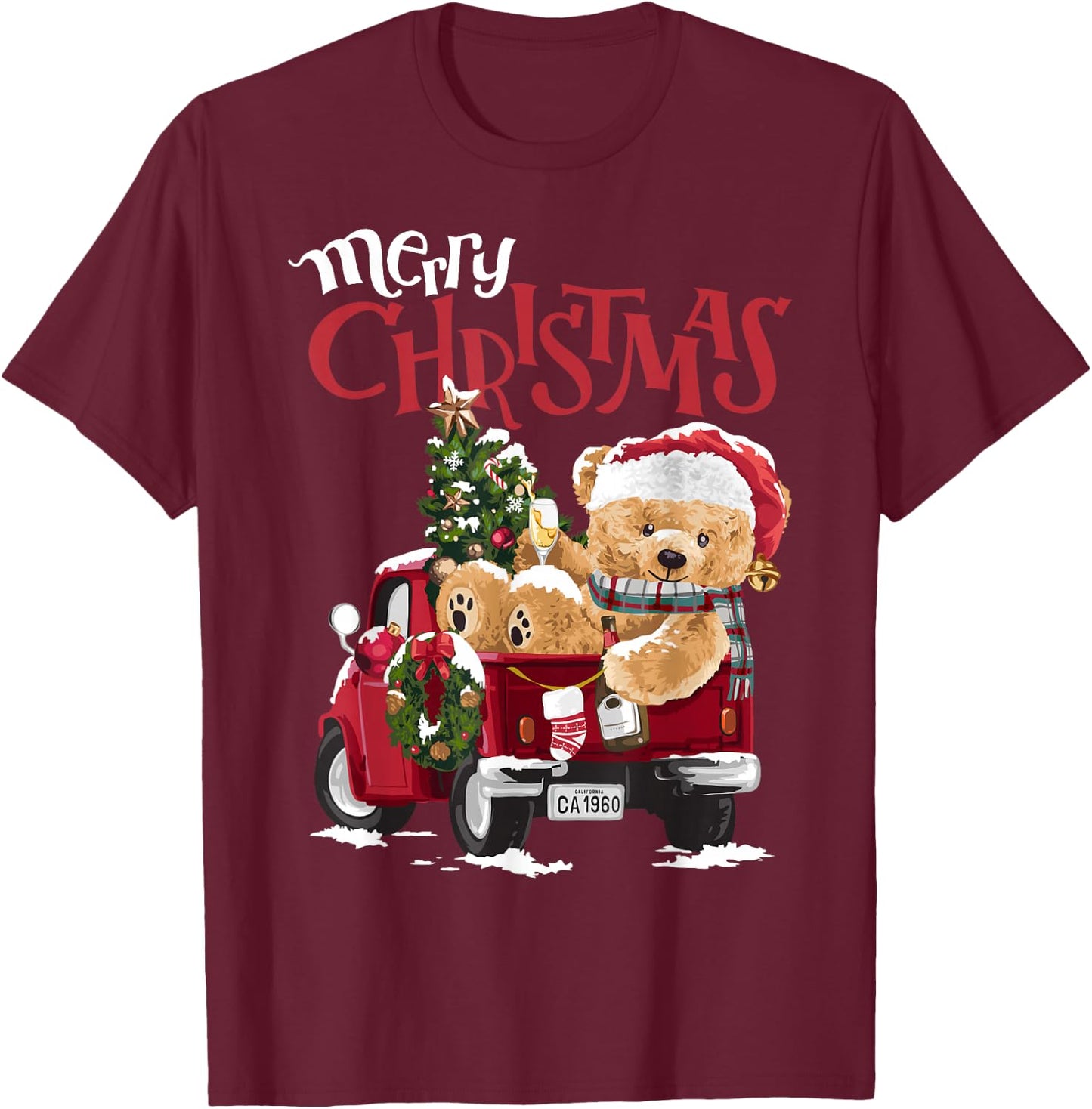 Teddy bear and Christmas tree in red truck T-Shirt - T-Shirt | Maroon