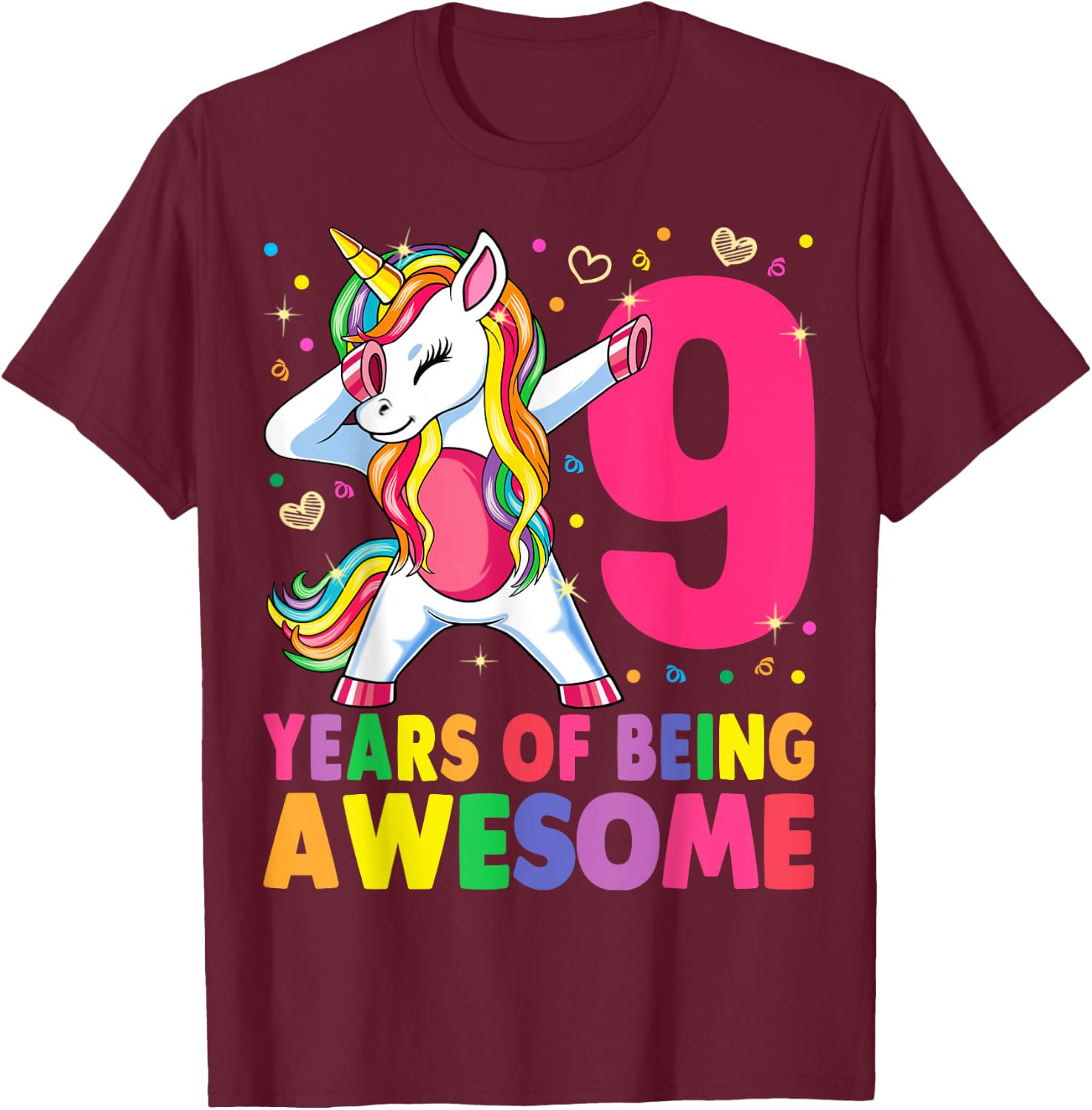 9 Years Old Unicorn Dabbing 9th Birthday Girl Unicorn Party T-Shirt - T-Shirt | Maroon