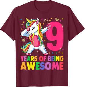 9 Years Old Unicorn Dabbing 9th Birthday Girl Unicorn Party T-Shirt - T-Shirt | Maroon