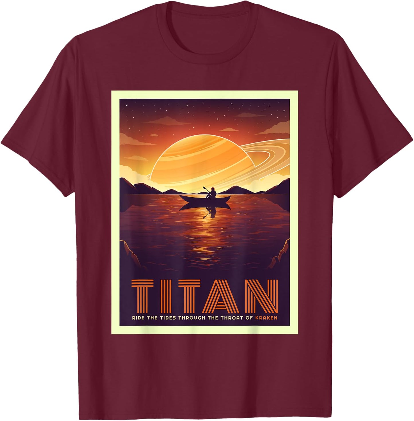 Retro Space Tourism Titan Kayak Saturn Kayaking T-Shirt - T-Shirt | Maroon