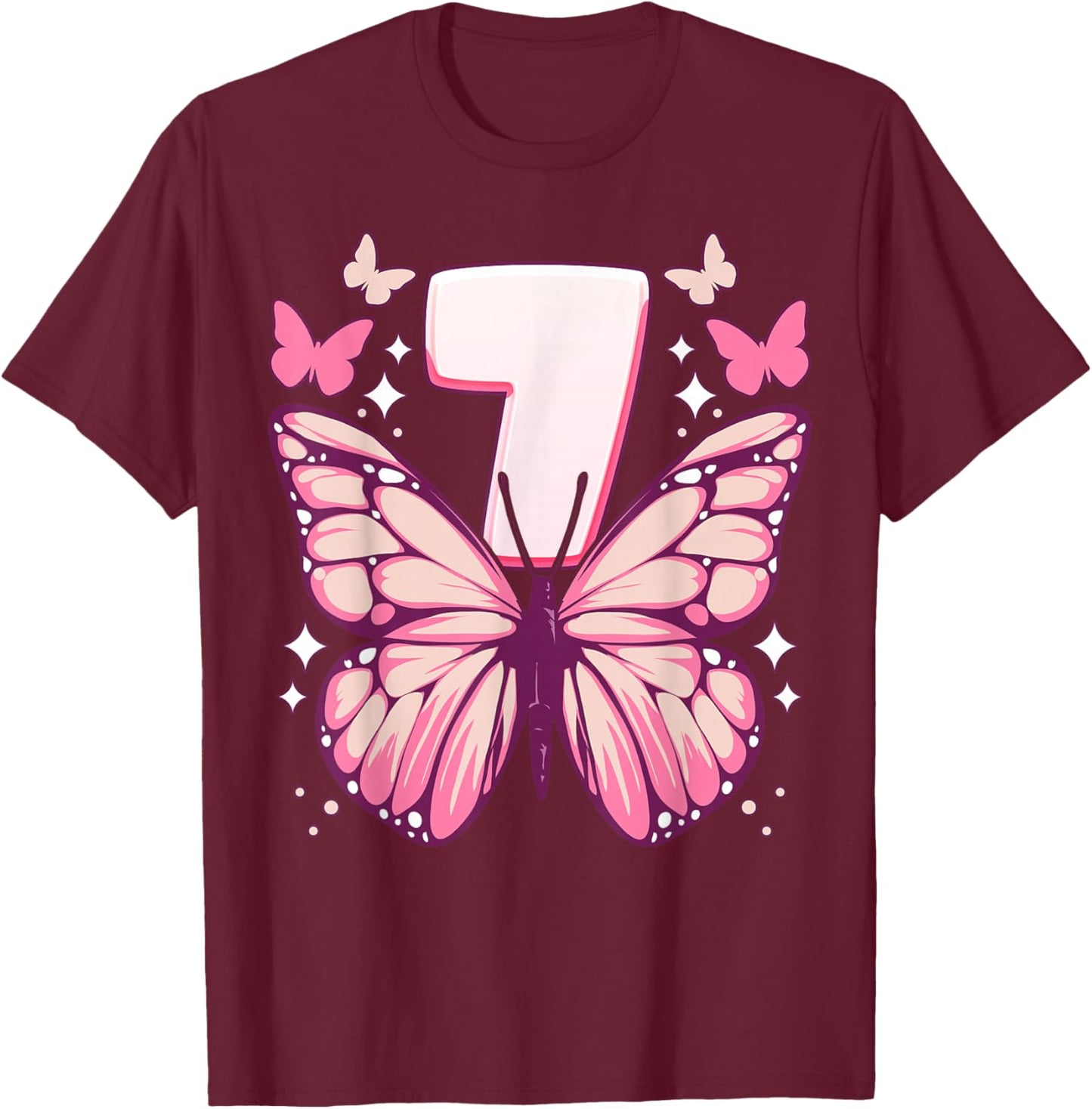 Birthday Girl 7 Years, Butterflies and Number 7 T-Shirt - T-Shirt | Maroon