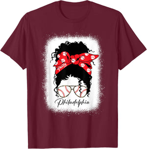 Messy Bun Bleached Baseball Fan Outfit T-Shirt - T-Shirt | Maroon