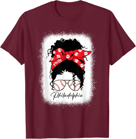 Messy Bun Bleached Baseball Fan Outfit T-Shirt - T-Shirt | Maroon