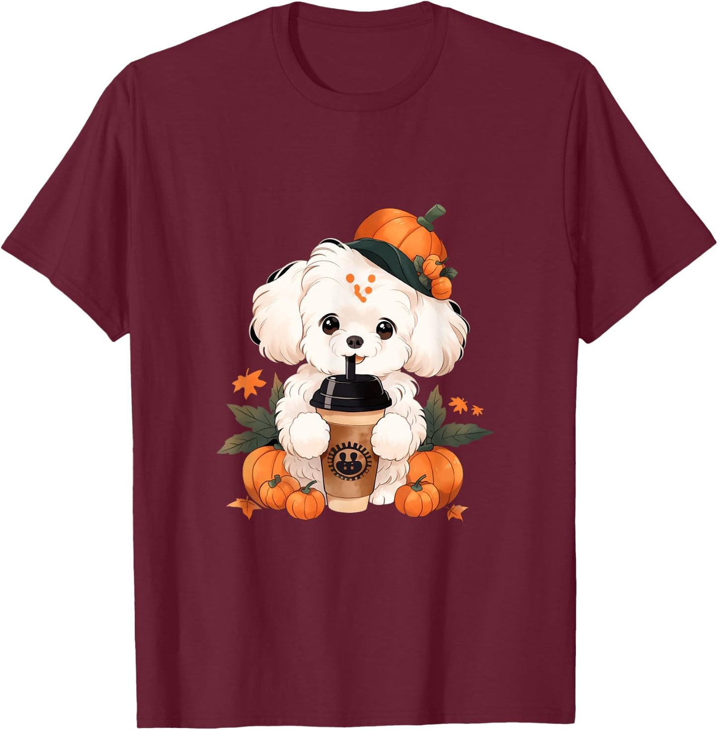 Bichon Frise Pumpkin Spice Latte Autumn Thanksgiving Halloween T-Shirt - T-Shirt | Maroon