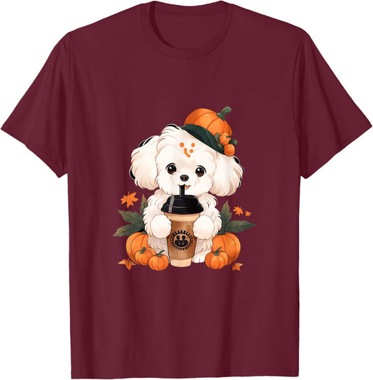 Bichon Frise Pumpkin Spice Latte Autumn Thanksgiving Halloween T-Shirt - T-Shirt | Maroon