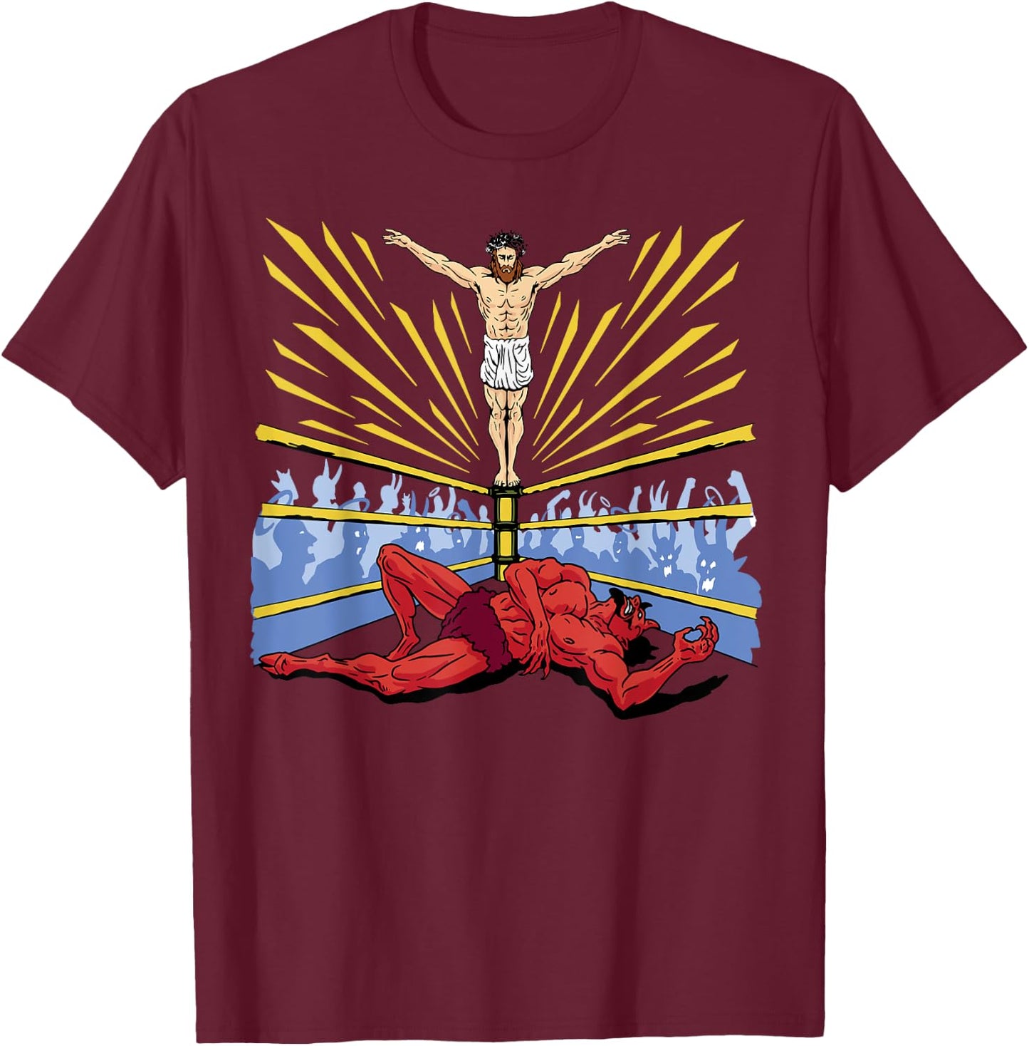 Jesus Wrestling Satan Religious Christian Funny T-Shirt - T-Shirt | Maroon