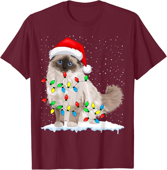 Ragdoll Cat Christmas Lights Xmas Cat Lover T-Shirt - T-Shirt | Maroon