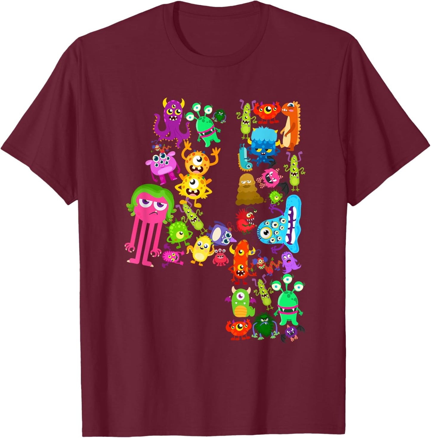 Little Monster 4 Four Years Kids 4th Birthday Party Monsters T-Shirt - T-Shirt | Maroon
