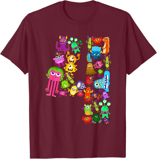 Little Monster 4 Four Years Kids 4th Birthday Party Monsters T-Shirt - T-Shirt | Maroon
