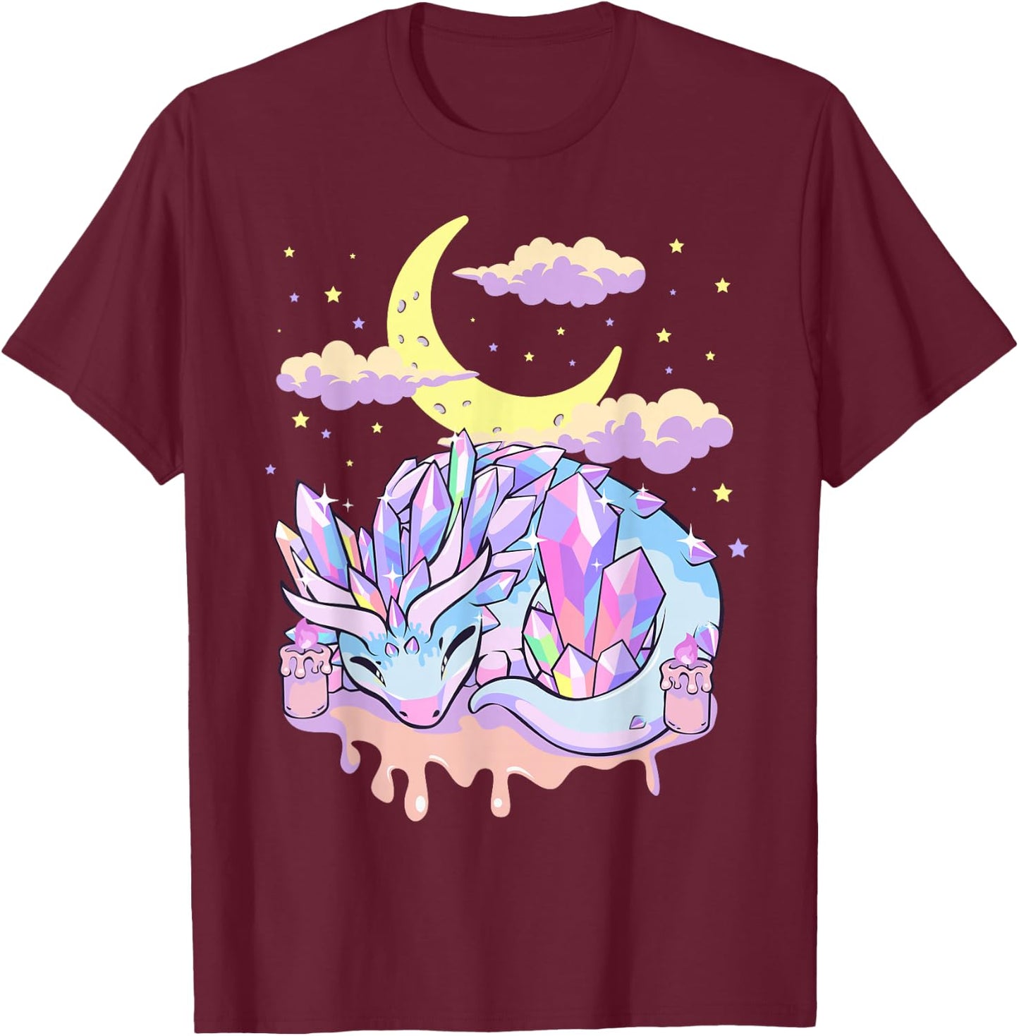 Pastel Goth Kawaii Crystal Dragon Crystals and Crescent Moon T-Shirt - T-Shirt | Maroon