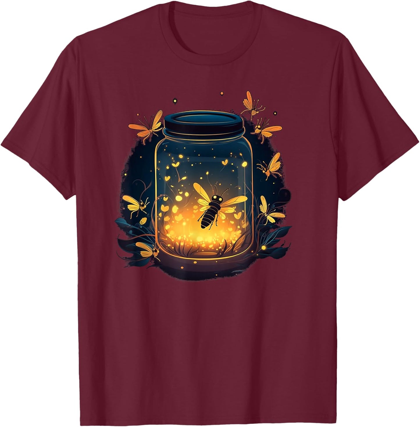 Glowing Fireflies in Jar T-Shirt - T-Shirt | Maroon