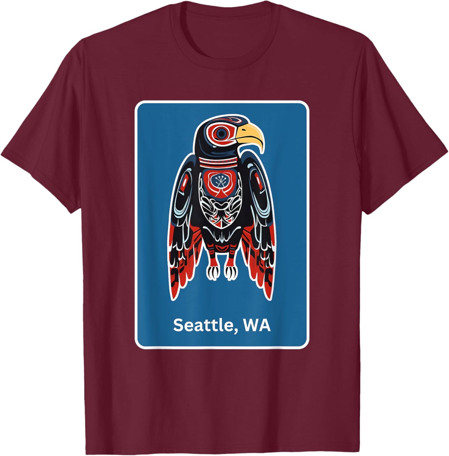 Seattle, WA Hawk Native American Indian Tribal Style Art T-Shirt - T-Shirt | Maroon