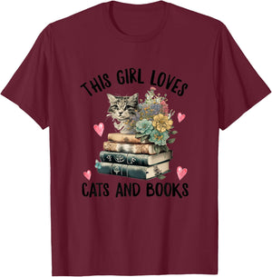 This Girl Loves Cats and Books Funny Cat Watercolor T-Shirt - T-Shirt | Maroon