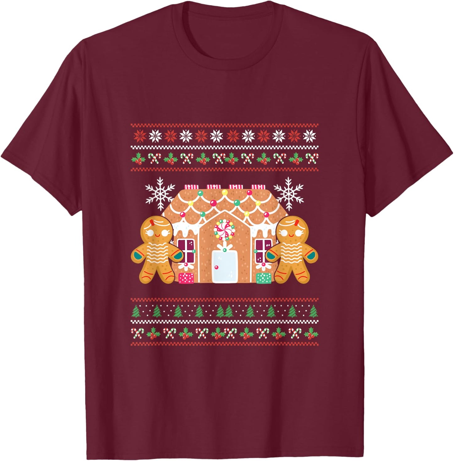 Ugly Christmas Gingerbread House Santa Claus New Year Deer T-Shirt - T-Shirt | Maroon
