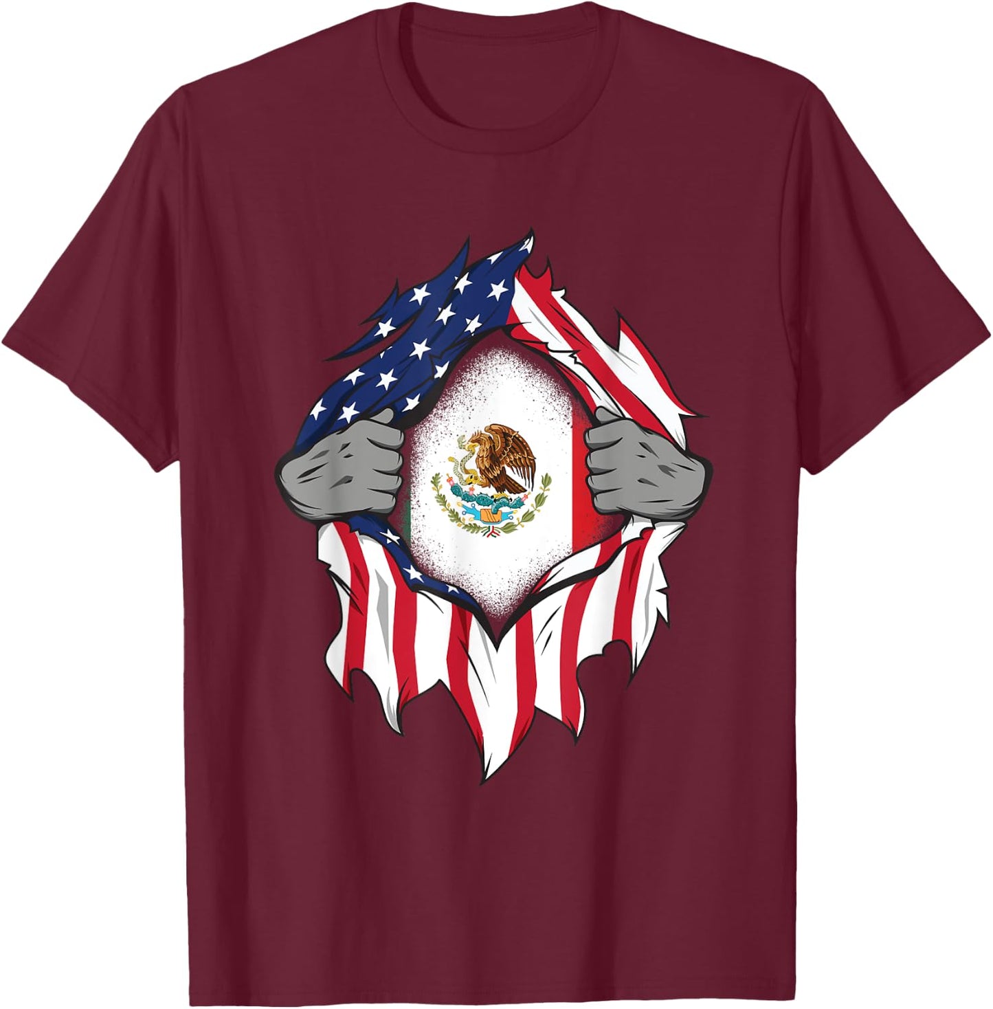 Mexican American Flags Hands Ripping Flag on Chest T-Shirt - T-Shirt | Maroon
