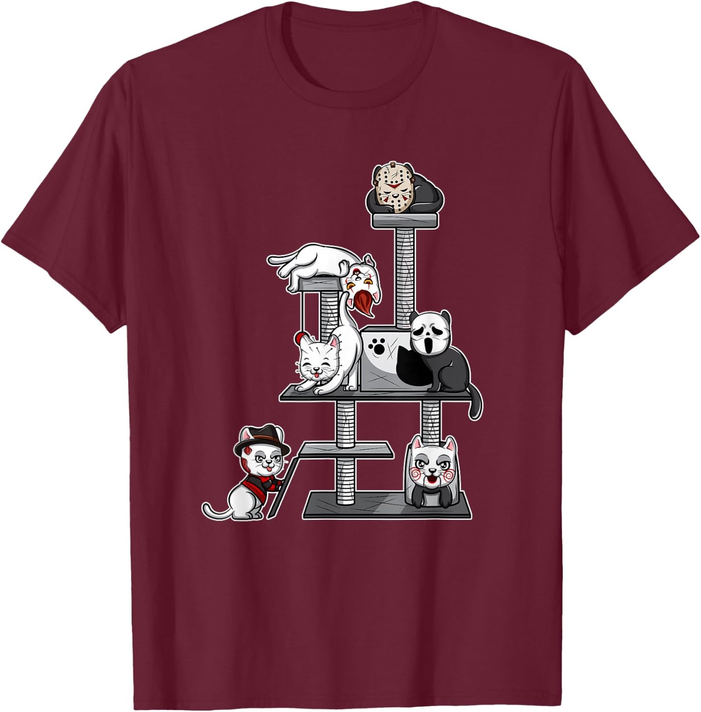 Funny Horror Movie Cats Playing On Cat Tree T-Shirt - T-Shirt | Maroon