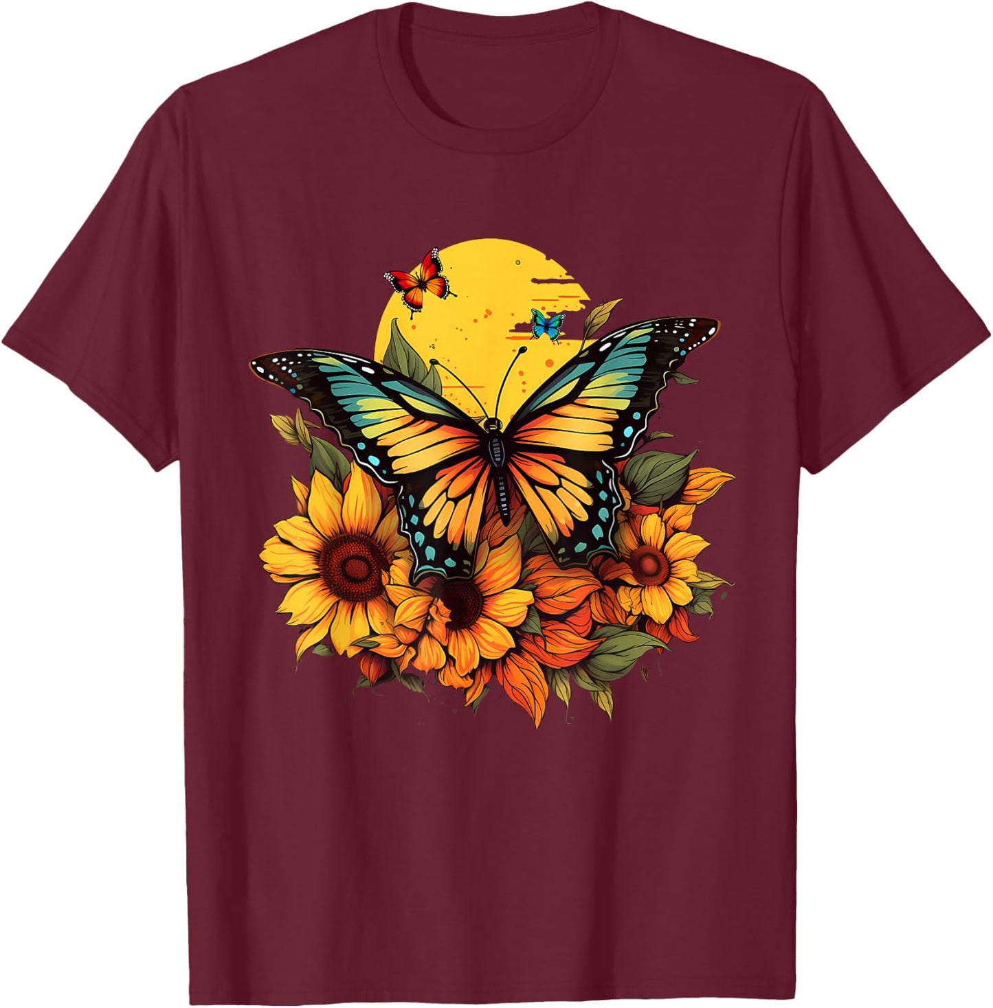Butterflies Sunflower Design T-Shirt - T-Shirt | Maroon