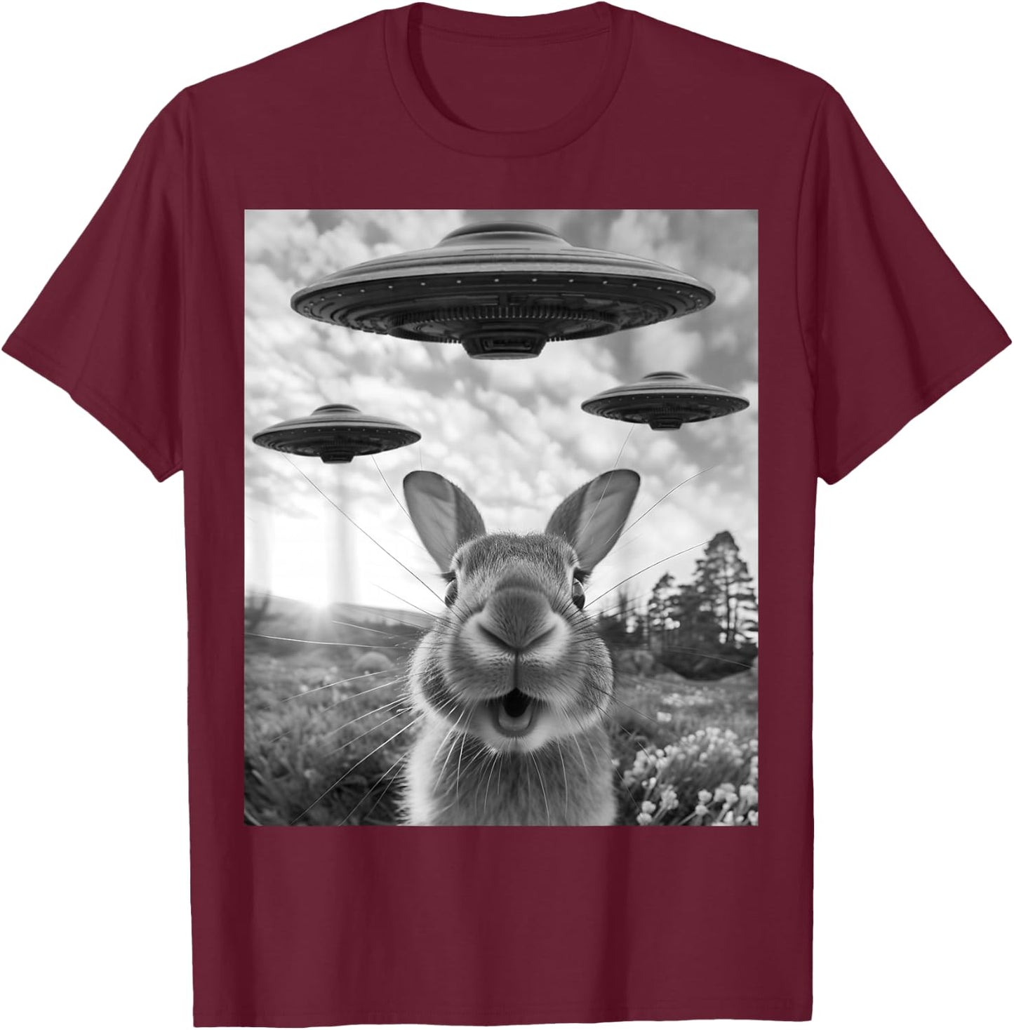 Rabbit Selfie with UFOs Vintage Alien Rabbit T-Shirt - T-Shirt | Maroon