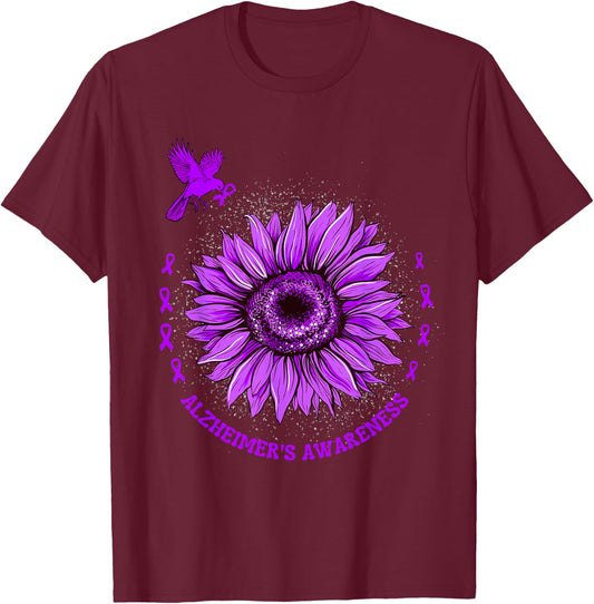 Alzheimer's Awareness Ribbon Purple Sunflower Ribbon Hope T-Shirt - T-Shirt | Maroon