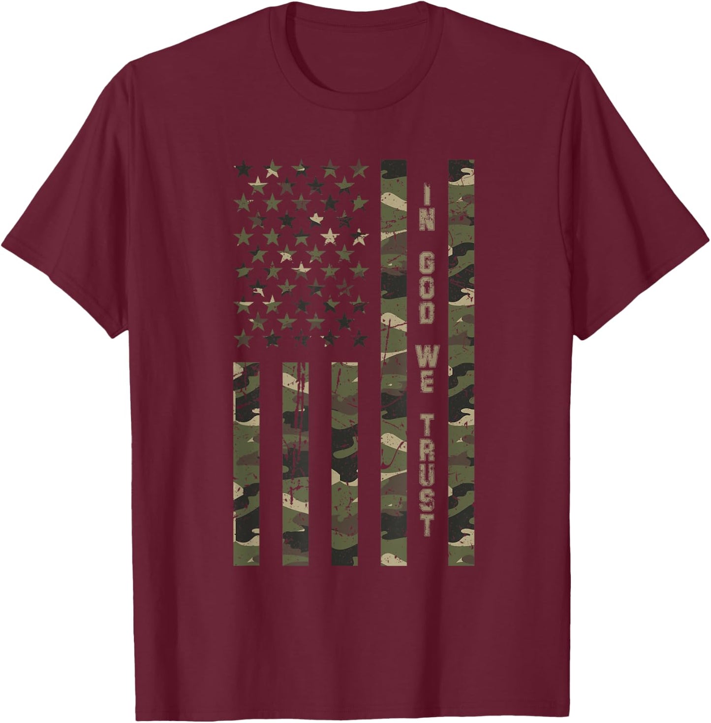 In God We Trust United States Distressed Camo w US Flag T-Shirt - T-Shirt | Maroon