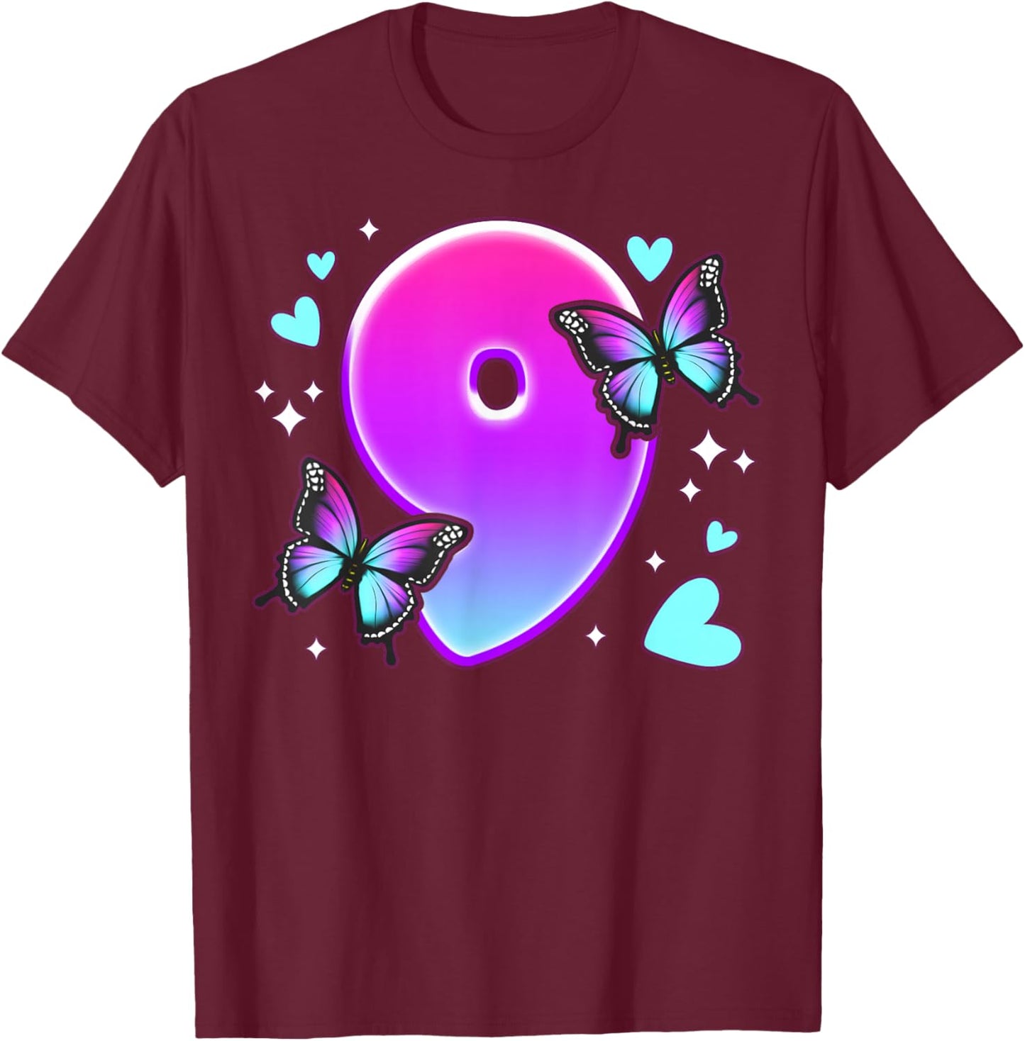 Birthday Girl 9 Years, Butterflies and Number 9 T-Shirt - T-Shirt | Maroon
